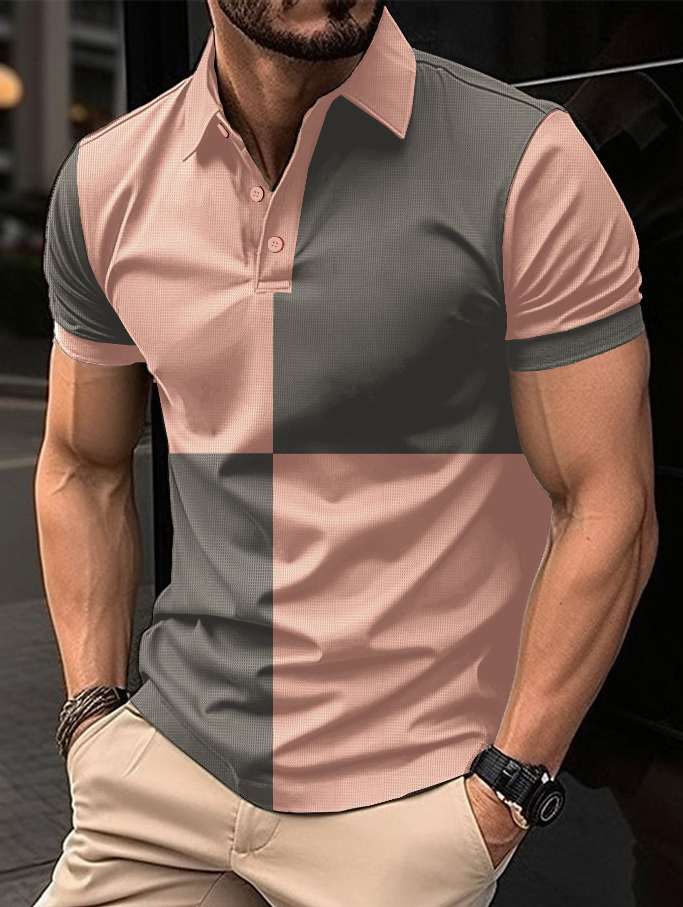 Polo deportivo informal de manga corta con cuello vuelto y costuras de color para hombre