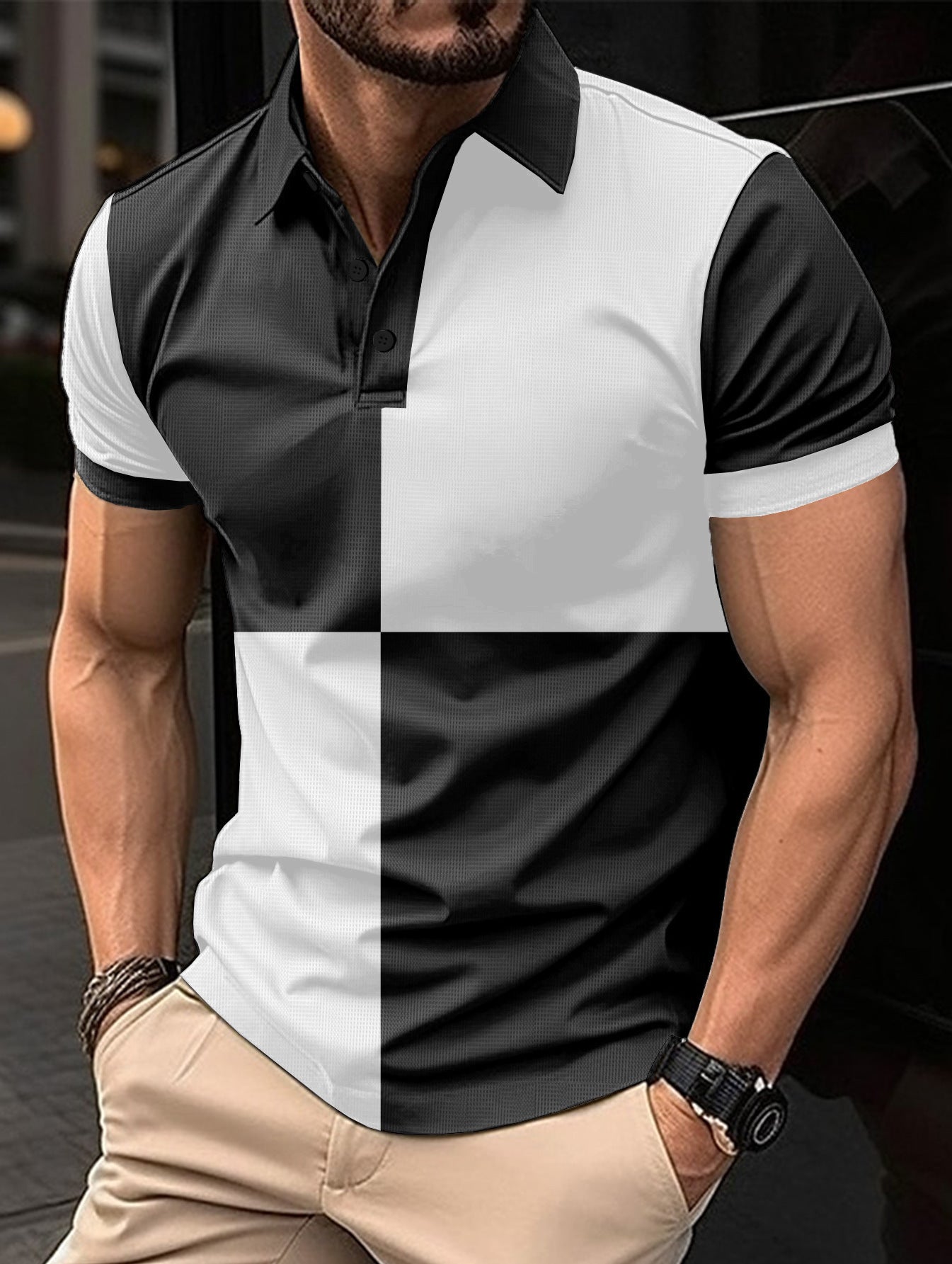 Polo deportivo informal de manga corta con cuello vuelto y costuras de color para hombre