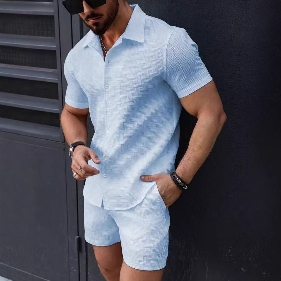 Traje deportivo informal de dos piezas con camisa de manga corta y pantalones cortos para hombre