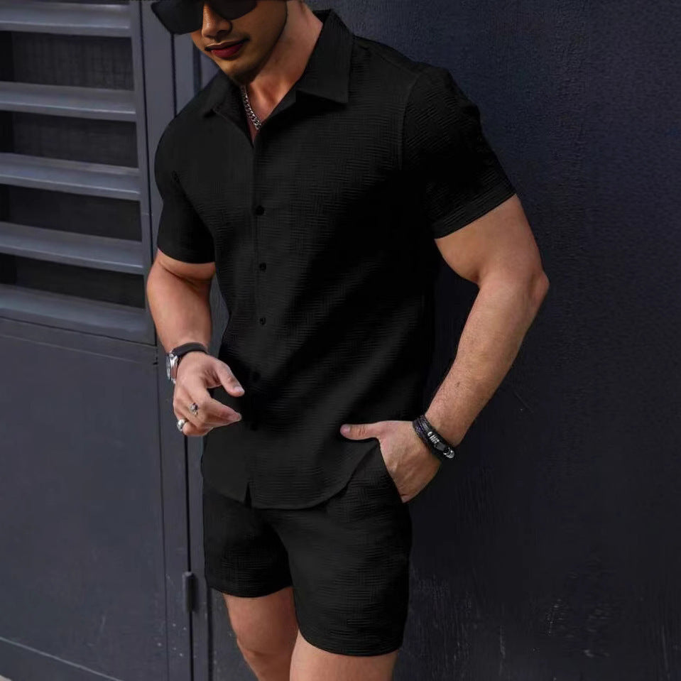 Traje deportivo informal de dos piezas con camisa de manga corta y pantalones cortos para hombre