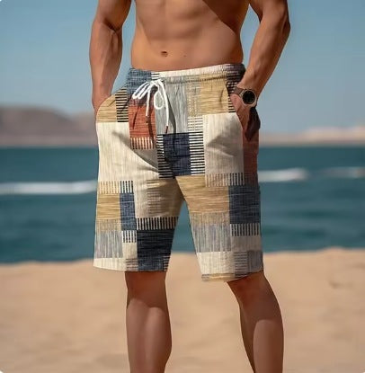 Nuevos pantalones cortos de verano transpirables con estampado hawaiano a cuadros para hombre