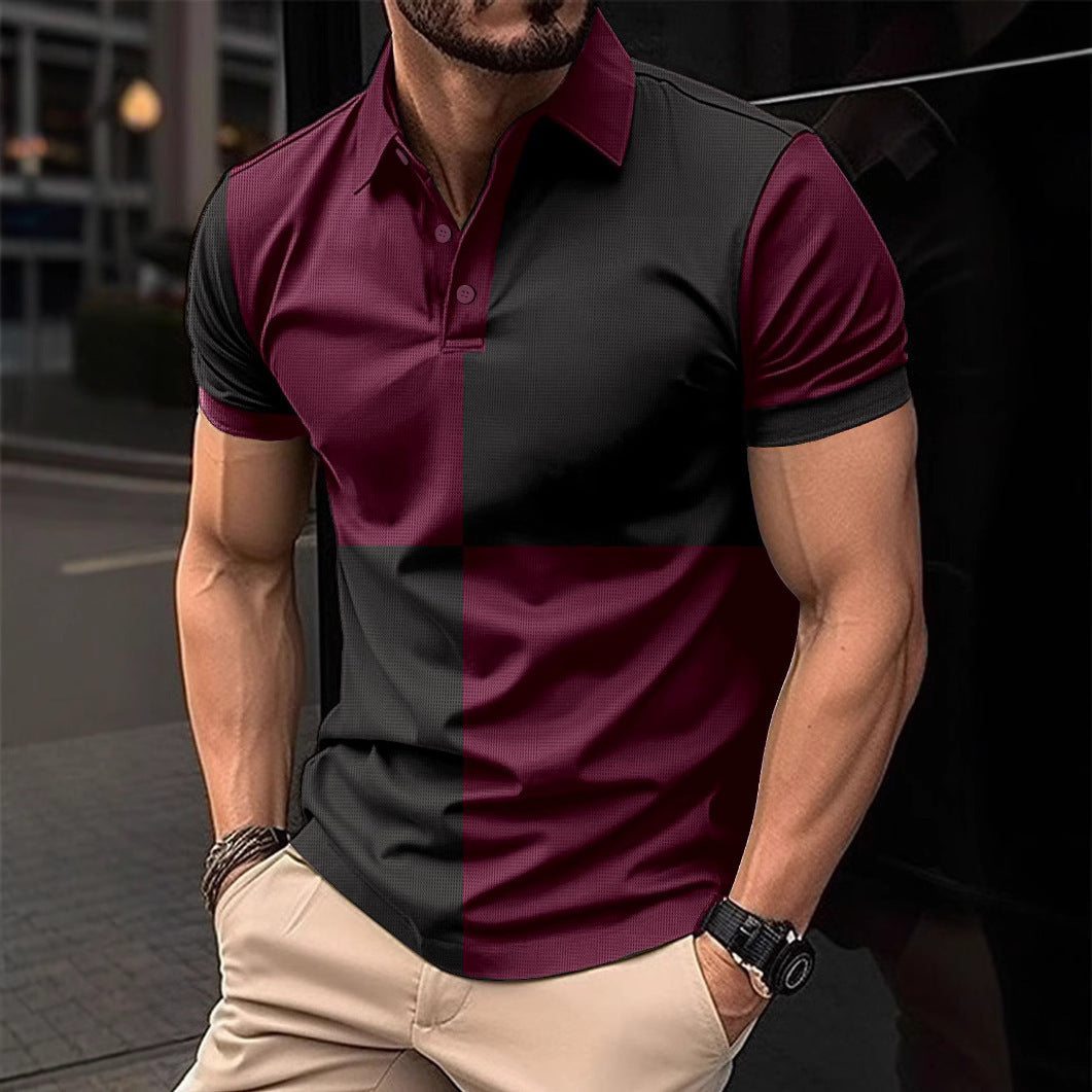 Polo deportivo informal de manga corta con cuello vuelto y costuras de color para hombre