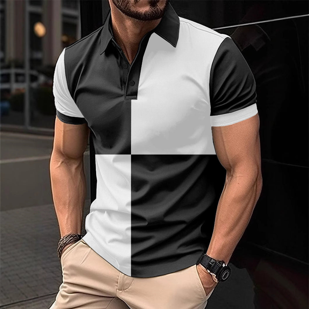 Polo deportivo informal de manga corta con cuello vuelto y costuras de color para hombre