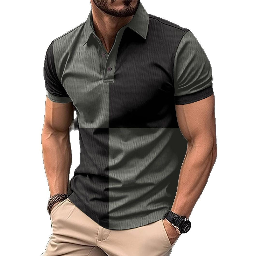 Polo deportivo informal de manga corta con cuello vuelto y costuras de color para hombre