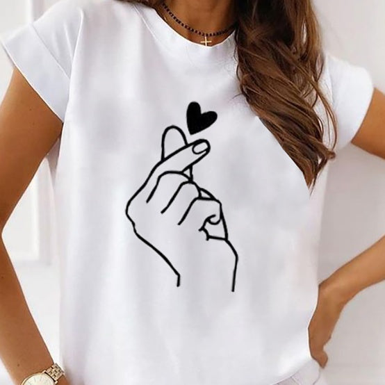 Camiseta de manga corta con estampado de amor para mujer, nueva y moderna, de color liso y sencilla 