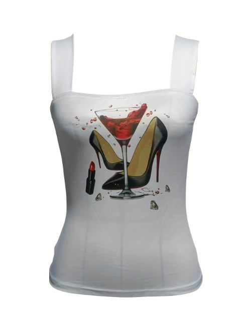 Camisola con estampado de pintalabios color vino tinto, tacones altos, tirantes anchos y versátiles para mujer