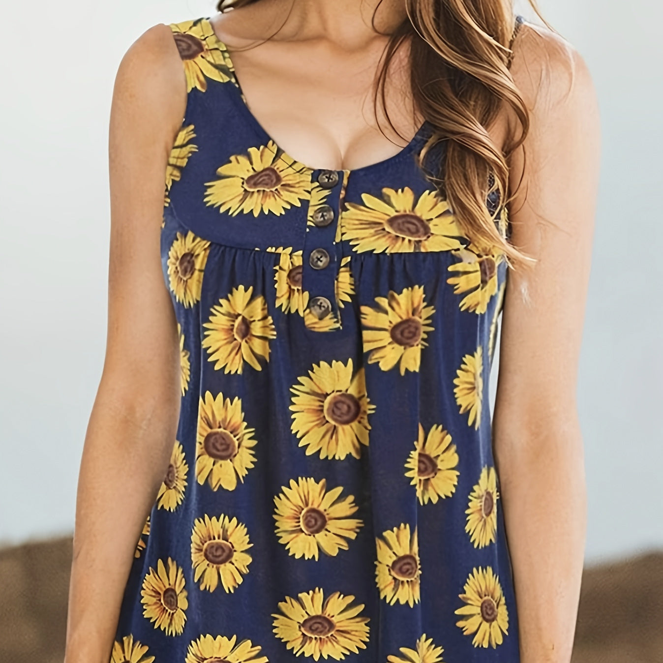 Chaleco elegante e informal con estampado de girasoles para mujer, con botones en los detalles de punto 