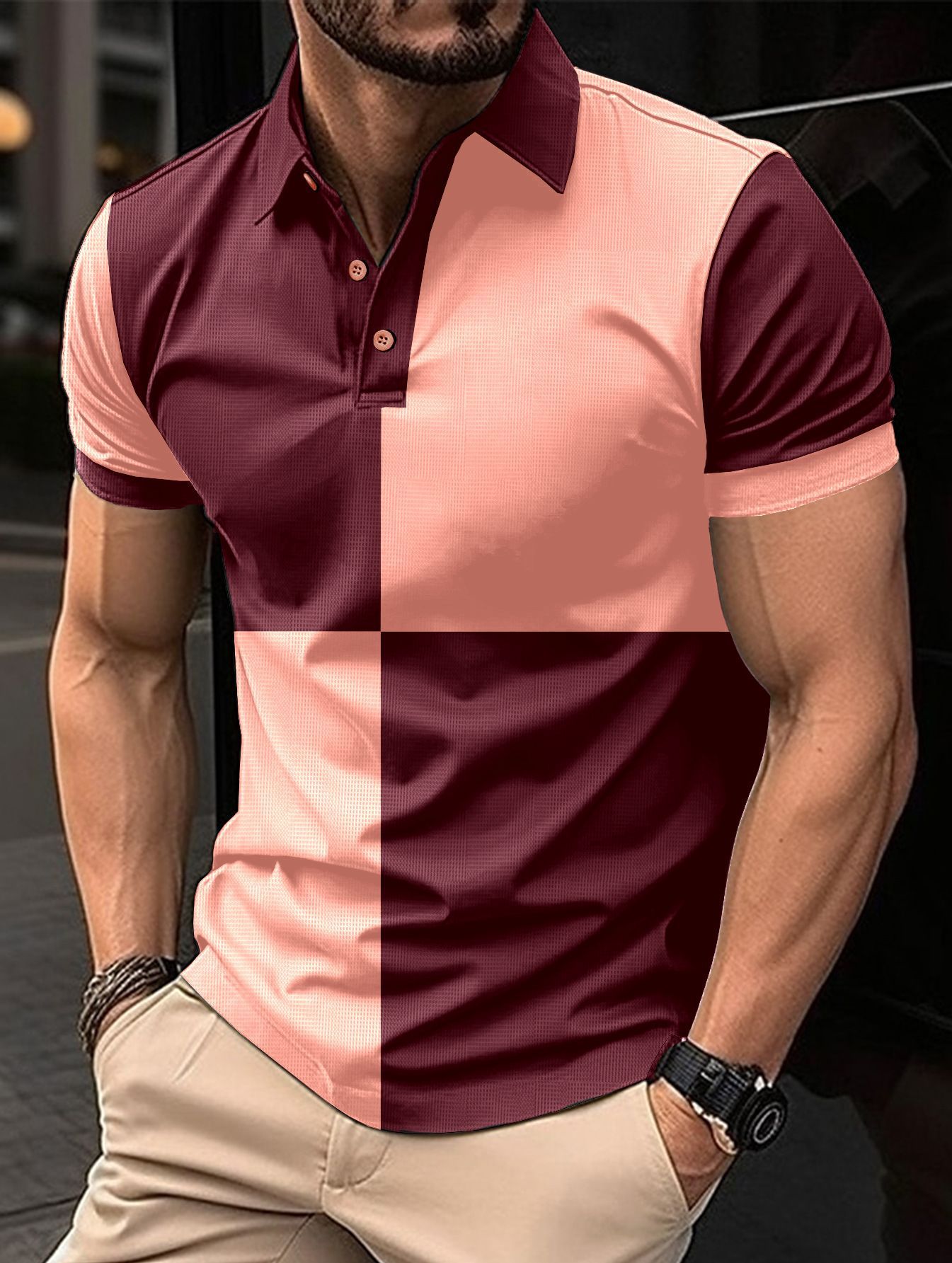 Polo deportivo informal de manga corta con cuello vuelto y costuras de color para hombre