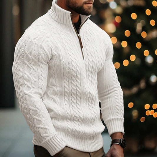 Manteau en tricot à demi-fermeture éclair pour homme, pull épais torsadé de couleur unie