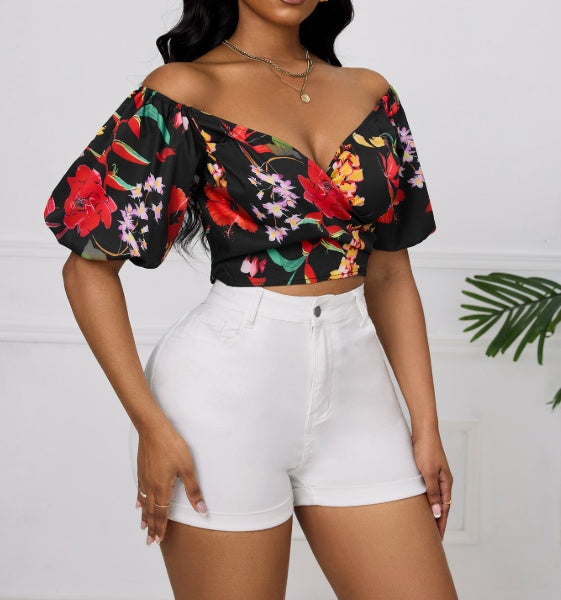 Blusa elegante con estampado floral corto y mangas abullonadas cruzadas en el pecho para mujer