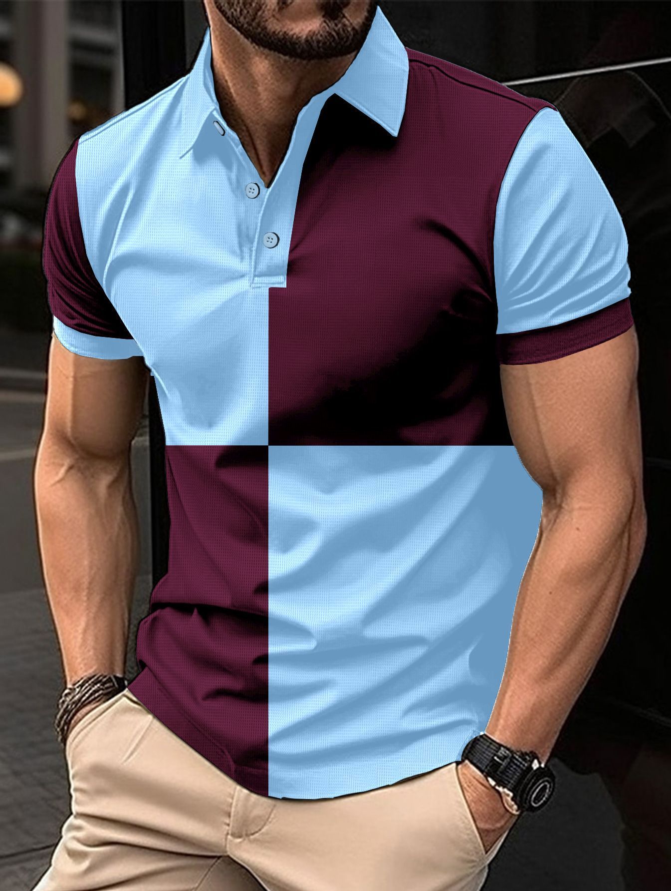 Polo deportivo informal de manga corta con cuello vuelto y costuras de color para hombre