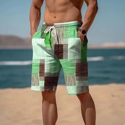 Nuevos pantalones cortos de verano transpirables con estampado hawaiano a cuadros para hombre