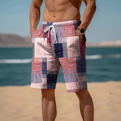 Nuevos pantalones cortos de verano transpirables con estampado hawaiano a cuadros para hombre