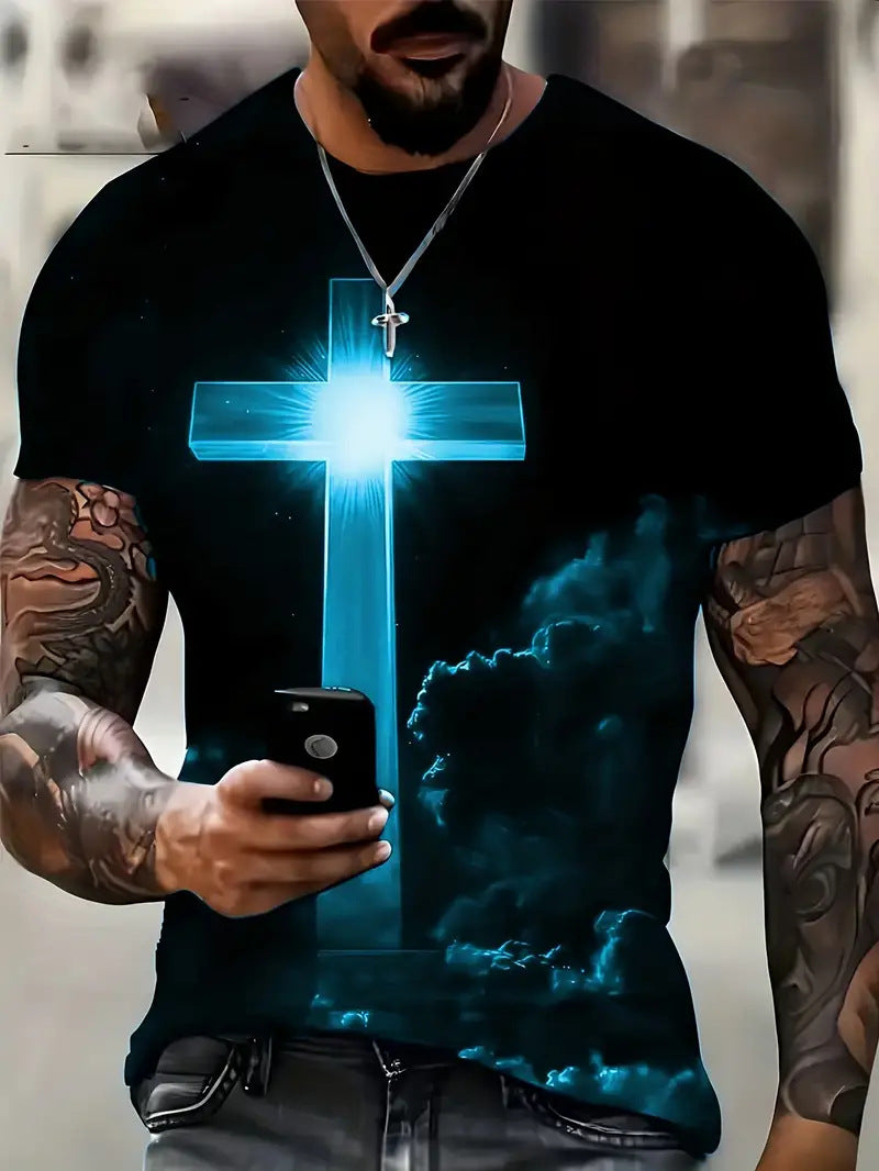 Camiseta de manga corta informal holgada con estampado digital 3D de cruz para hombre