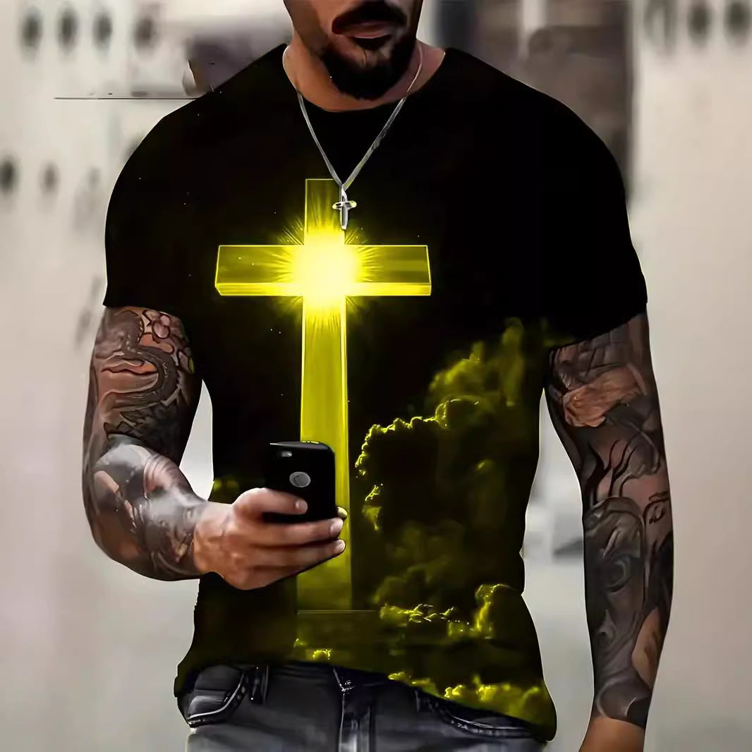 Camiseta de manga corta informal holgada con estampado digital 3D de cruz para hombre