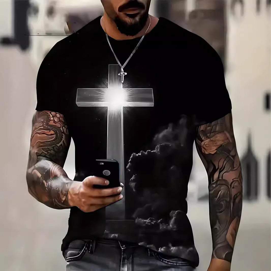 Camiseta de manga corta informal holgada con estampado digital 3D de cruz para hombre