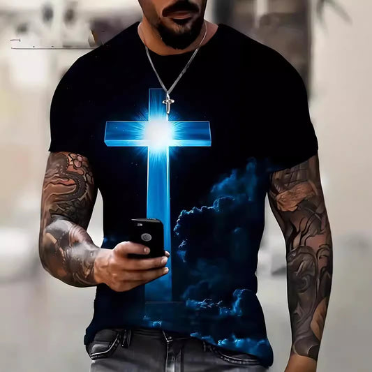 Camiseta de manga corta informal holgada con estampado digital 3D de cruz para hombre