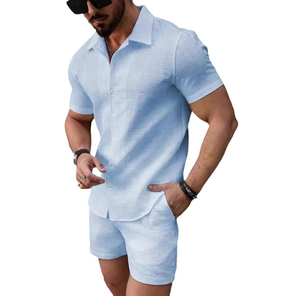 Traje deportivo informal de dos piezas con camisa de manga corta y pantalones cortos para hombre