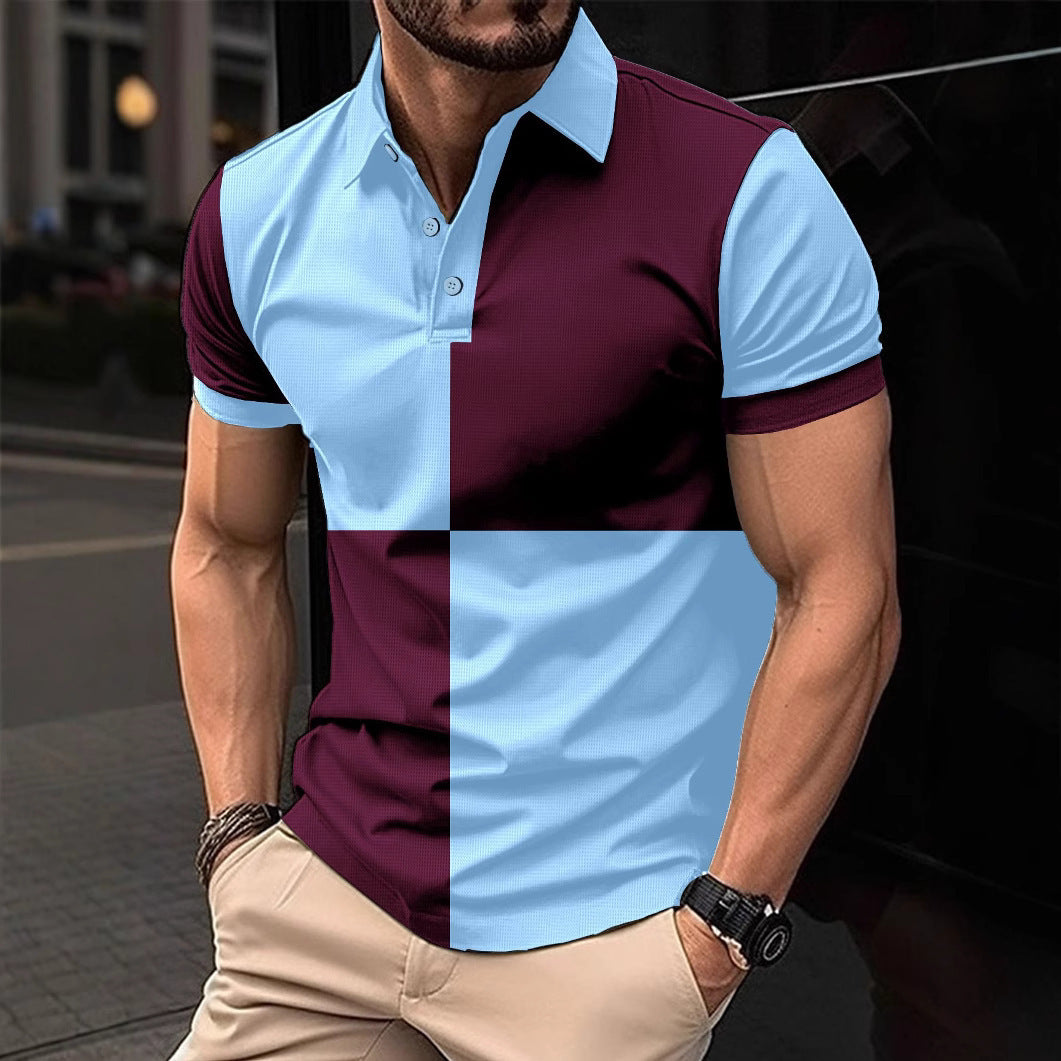 Polo deportivo informal de manga corta con cuello vuelto y costuras de color para hombre